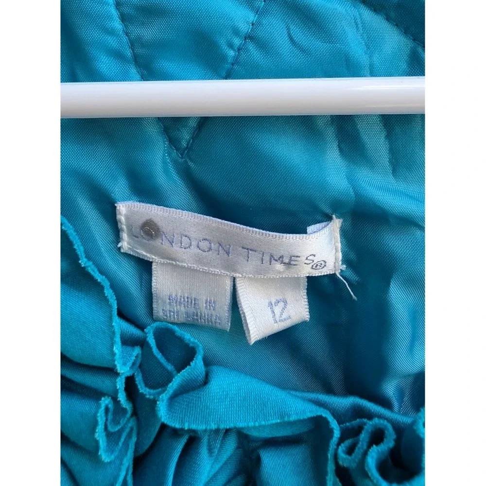London Times Sheath‎ Dress Womens 12 Blue Ruffle Neck Sleeveless Cocktail Party